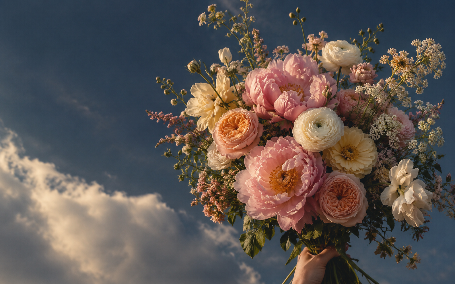 A hand-tied bouquet of garden flowers against a deep blue sky